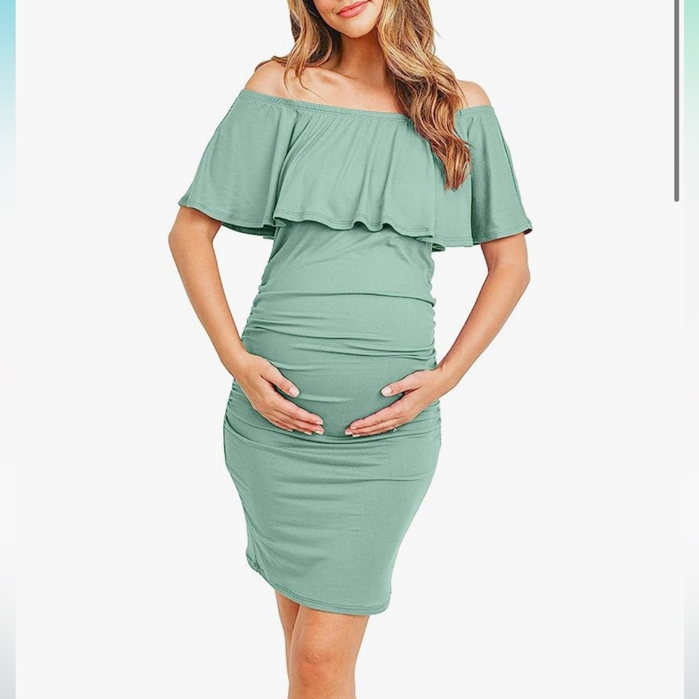 Sage Maternity Dress Off the Shoulder